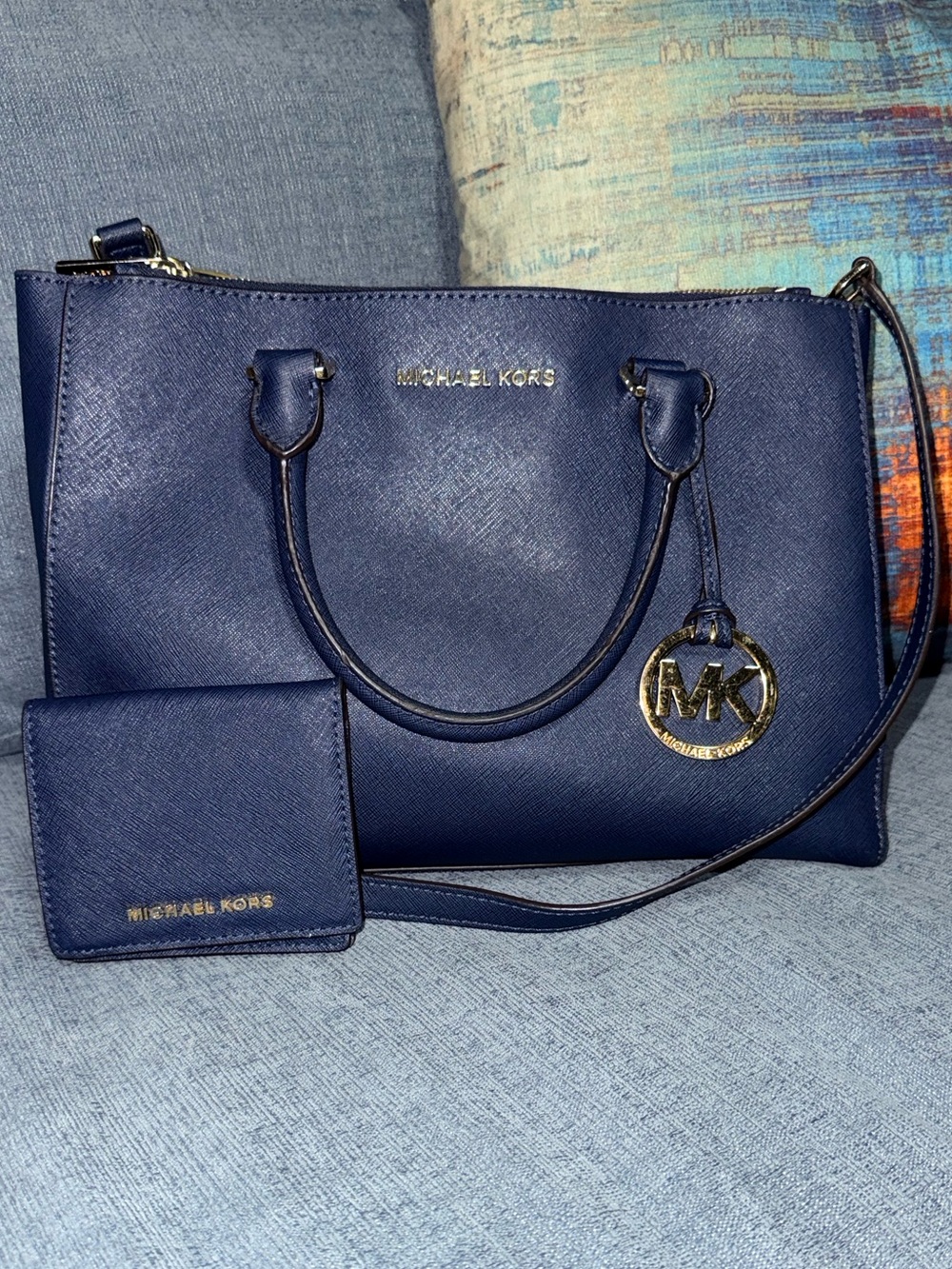 Michael Kors Navy Saffiano Leather Satchel with Wallet and MK Charm